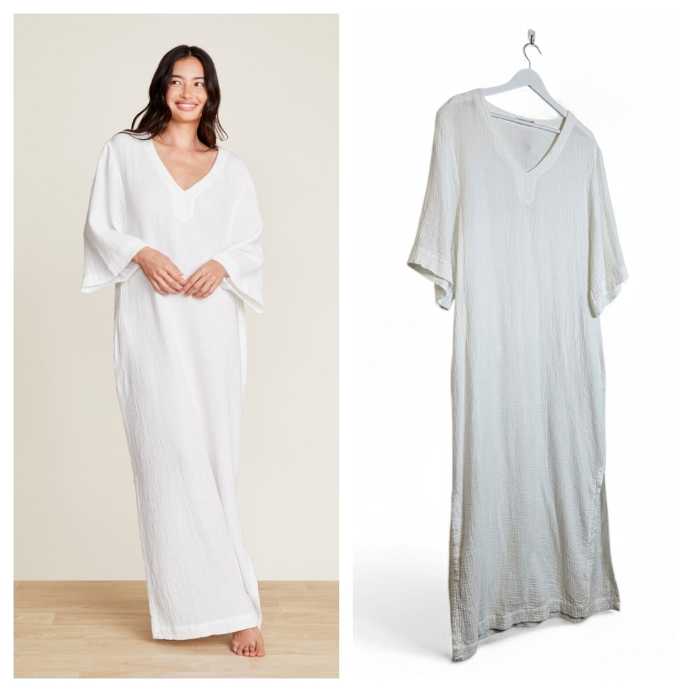 Barefoot Dreams Malibu White Crinkle Cotton V-Neck Caftan S Pockets